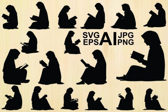 Silhouette Muslim Woman Reading Quran: A Thoughtful Embroidery Design